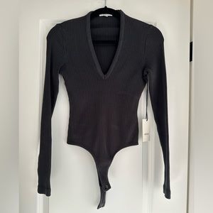 Agolde Tavi Deep V Thong Body Suit - Dark Grey - Size Small